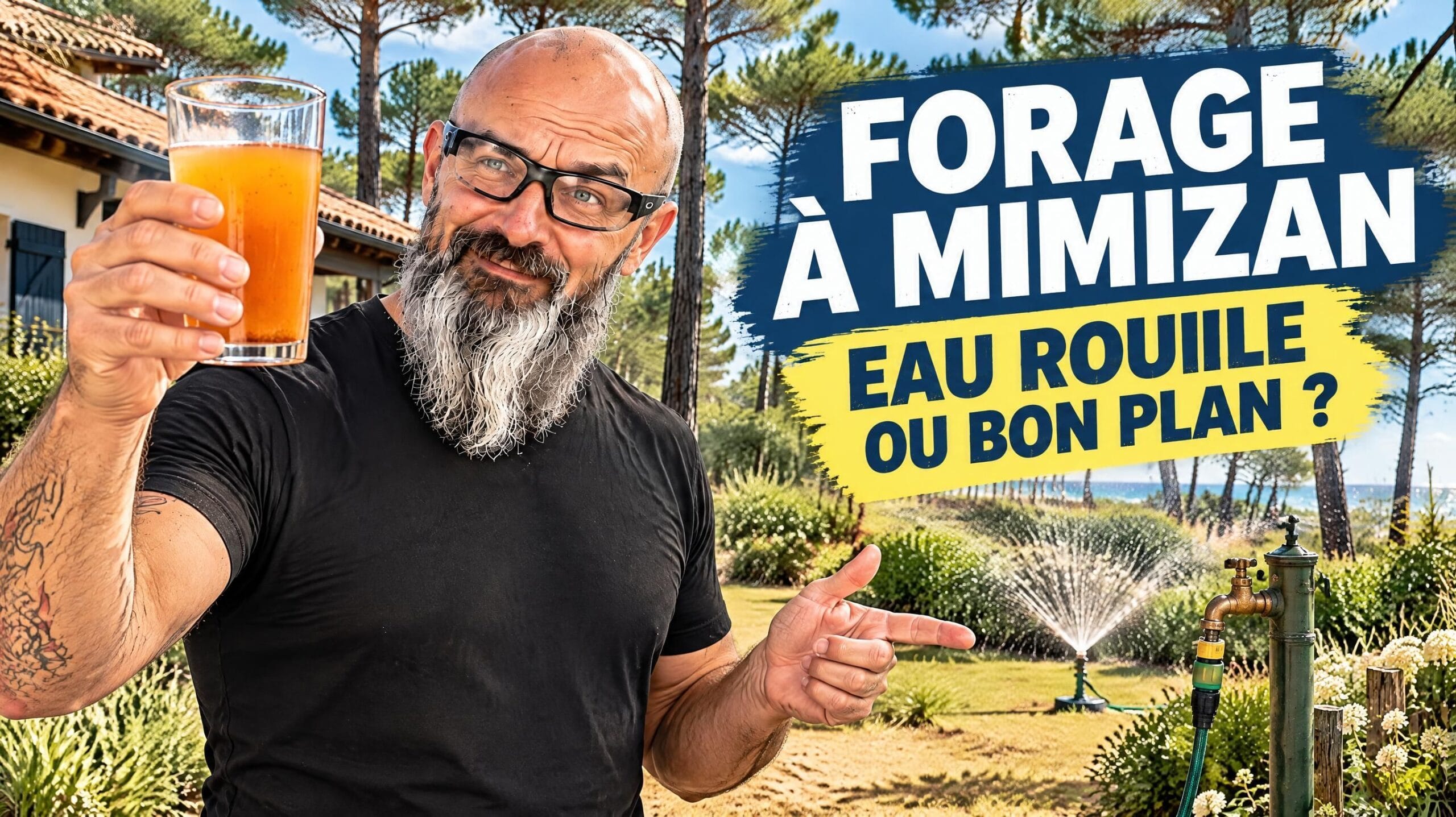 Olivier Roussel tenant un verre d'eau rouillée devant un jardin arrosé : forage à Mimizan, eau rouille ou bon plan ? — Mimizan (Landes, 40200) — Olivier Roussel, conseiller immobilier IAD France