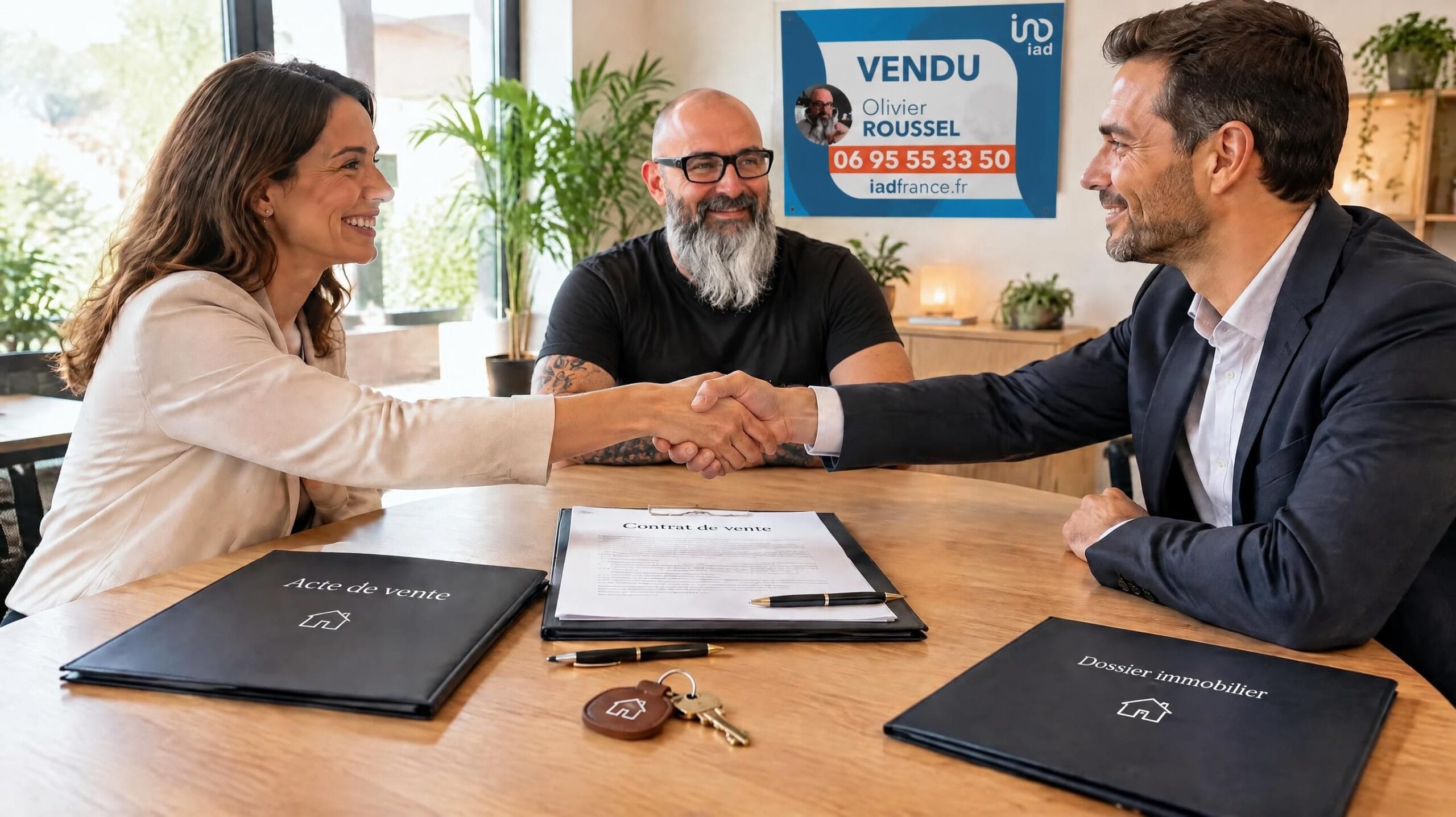 Signature de l'acte de vente : poignée de main entre les parties, clés et dossier sur la table — Mimizan (Landes, 40200) — Olivier Roussel, conseiller immobilier IAD France
