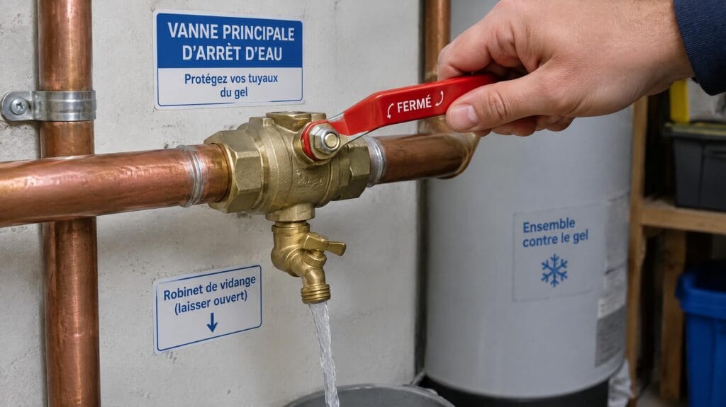 Vanne générale et robinet de vidange en laiton pour protéger les canalisations du gel dans une résidence secondaire — Mimizan (Landes, 40200) — Olivier Roussel, conseiller immobilier IAD France
