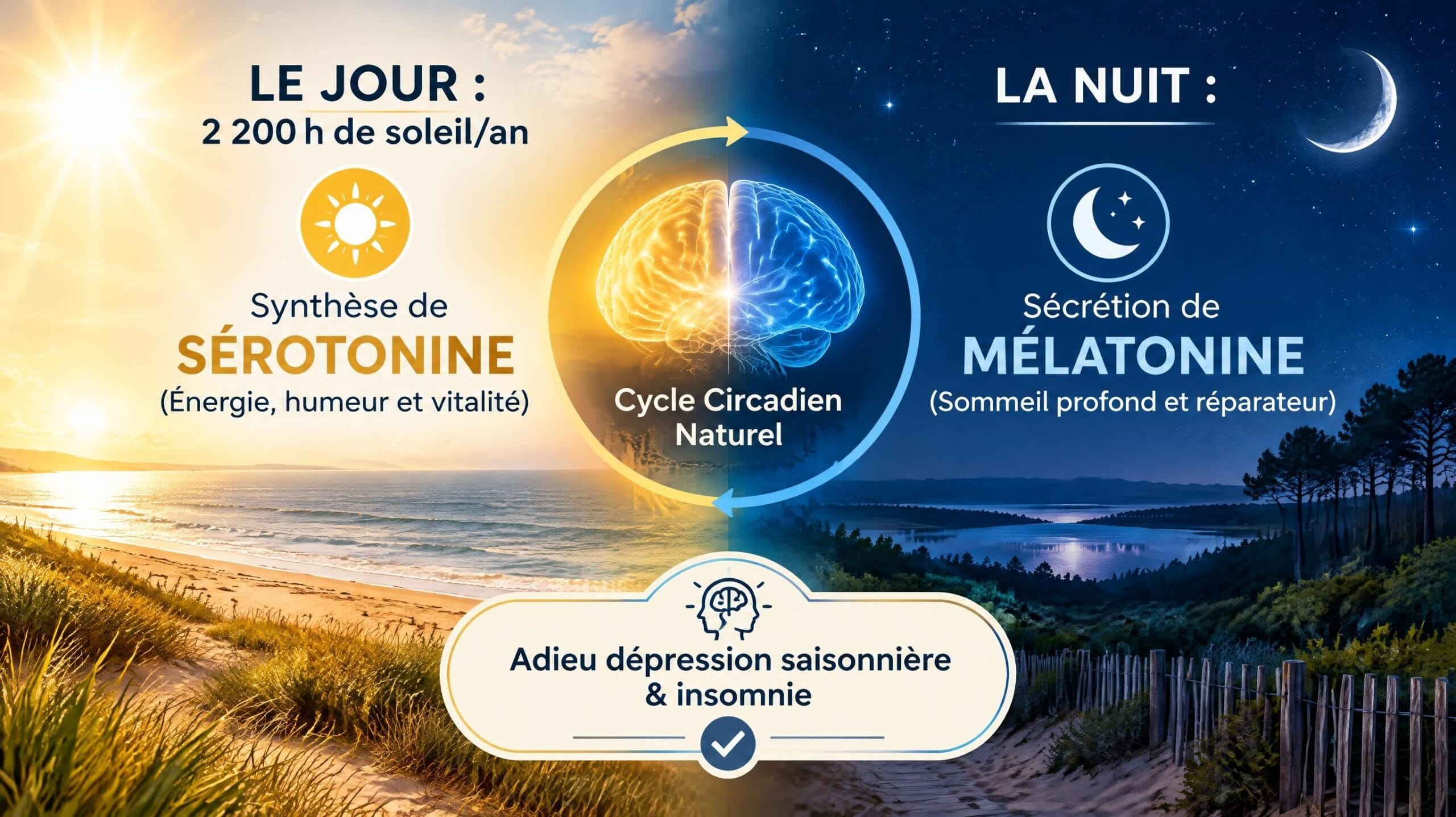 Infographie du cycle circadien : sérotonine le jour grâce au soleil, mélatonine la nuit pour le sommeil — Mimizan (Landes, 40200) — Olivier Roussel, conseiller immobilier IAD France