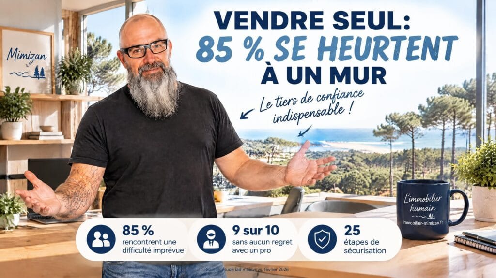 Olivier Roussel devant l'océan landais, bandeau « Vendre seul : 85 % se heurtent à un mur » — Mimizan (Landes, 40200) — Olivier Roussel, conseiller immobilier IAD France