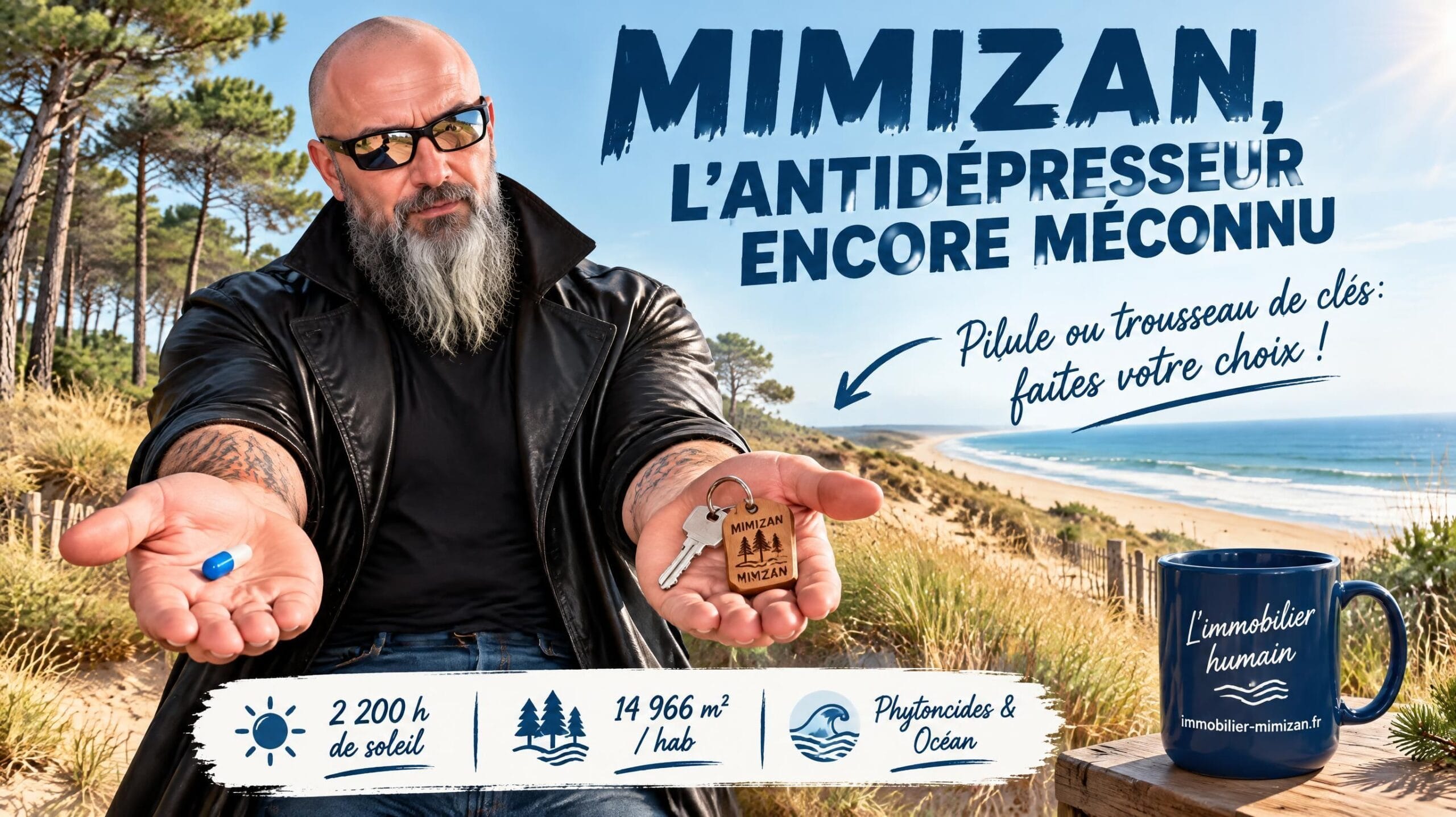 Olivier Roussel sur la plage de Mimizan, visuel du guide « Mimizan, l’antidépresseur encore méconnu » — Mimizan (Landes, 40200) — Olivier Roussel, conseiller immobilier IAD France