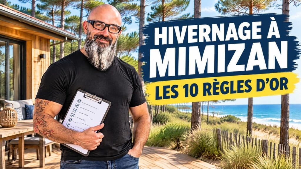 Olivier Roussel tenant une checklist devant une maison sous les pins, visuel Hivernage à Mimizan : les 10 règles d'or — Mimizan (Landes, 40200) — Olivier Roussel, conseiller immobilier IAD France