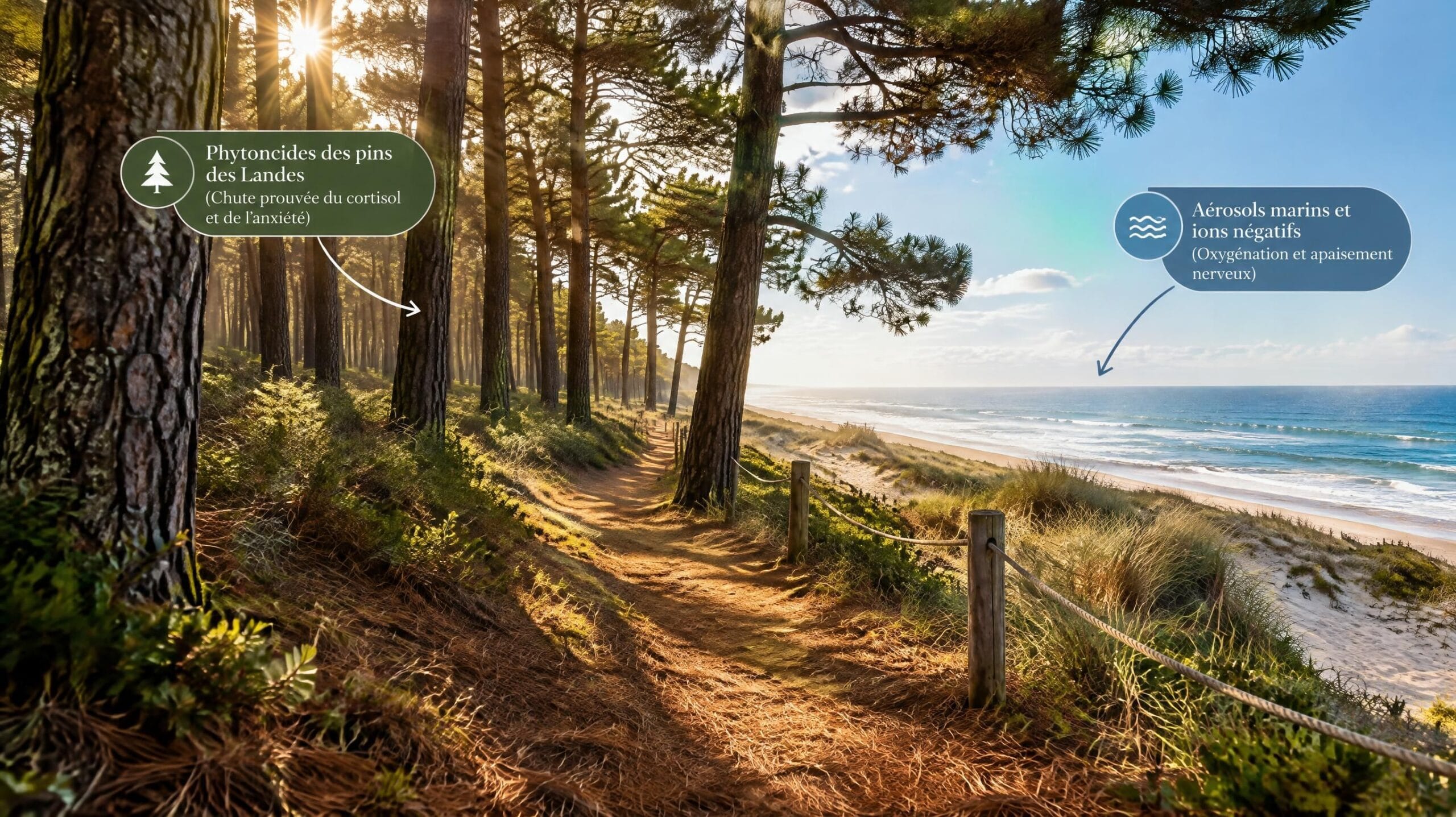 Sentier sablonneux sous les pins maritimes de la forêt landaise, source de phytoncides — Mimizan (Landes, 40200) — Olivier Roussel, conseiller immobilier IAD France