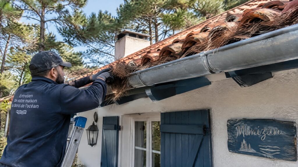 Nettoyage des aiguilles de pin maritime dans une gouttière de toiture landaise avant l'hiver — Mimizan (Landes, 40200) — Olivier Roussel, conseiller immobilier IAD France