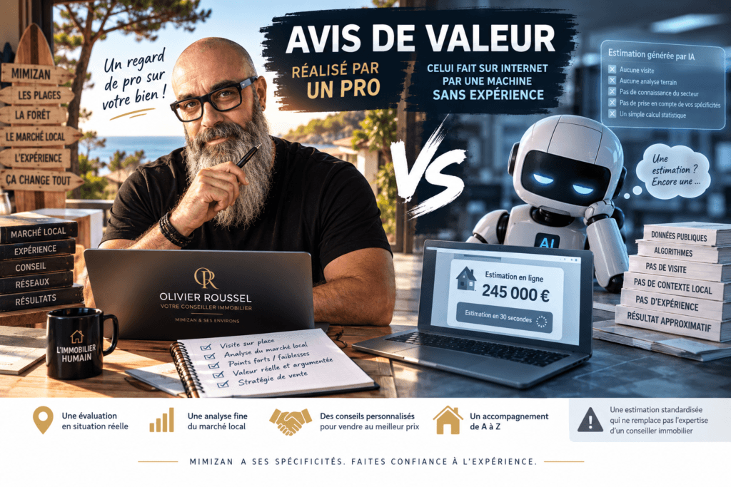 Comparatif entre un avis de valeur réalisé par un conseiller immobilier et une estimation générée par un algorithme — Mimizan — Olivier Roussel, conseiller immobilier IAD France à Mimizan (Landes, 40)