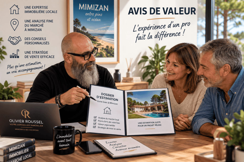Olivier Roussel présentant un dossier d’estimation imprimé à un couple de propriétaires — Mimizan — Olivier Roussel, conseiller immobilier IAD France à Mimizan (Landes, 40)