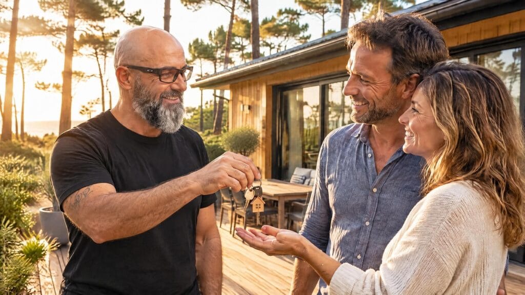 Olivier Roussel remettant les clés de leur nouvelle maison à un couple d’acquéreurs sur une terrasse en bois — Mimizan (Landes, 40200) — Olivier Roussel, conseiller immobilier IAD France