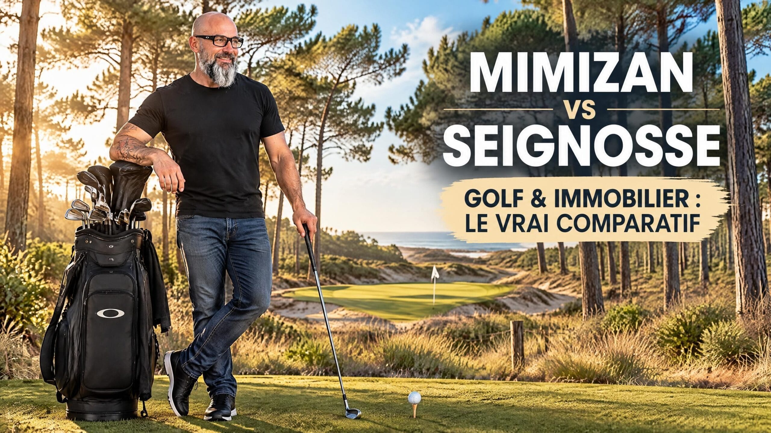 Olivier Roussel appuyé sur un club de golf sous les pins, visuel Mimizan vs Seignosse : golf et immobilier — Mimizan (Landes, 40200) — Olivier Roussel, conseiller immobilier IAD France