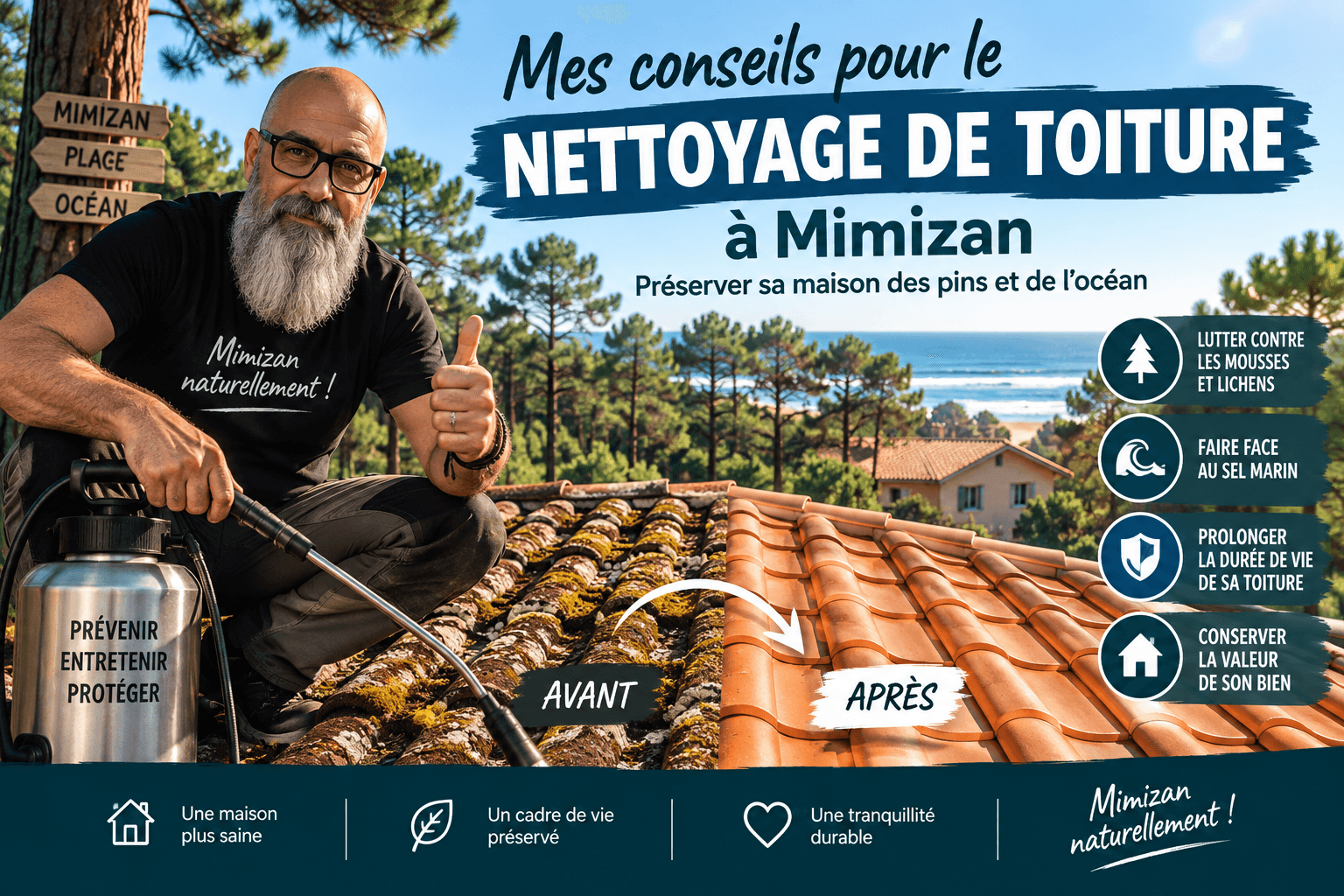 Toiture en tuiles avant et après démoussage face à la forêt de pins et à l'océan — Mimizan-Plage — Olivier Roussel, conseiller immobilier IAD France à Mimizan (Landes, 40)