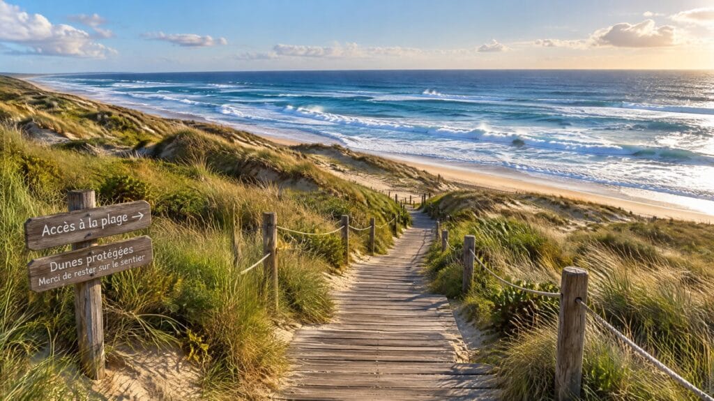 Chemin en bois menant à la plage à travers les dunes protégées de la côte landaise — Mimizan (Landes, 40200) — Olivier Roussel, conseiller immobilier IAD France
