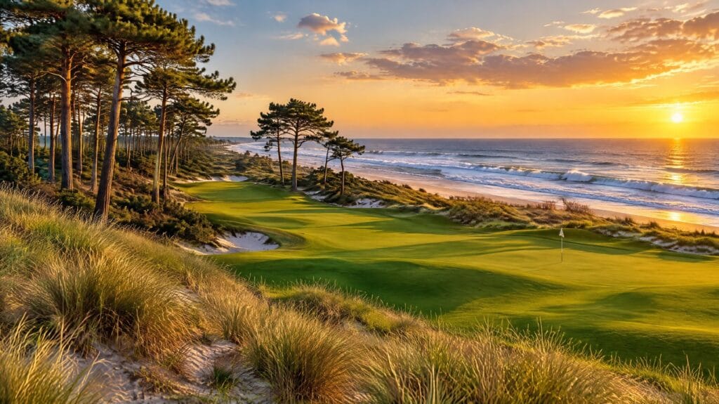 Parcours de golf entre pins maritimes et dunes face à l'océan au coucher du soleil, sur la côte landaise — Mimizan (Landes, 40200) — Olivier Roussel, conseiller immobilier IAD France