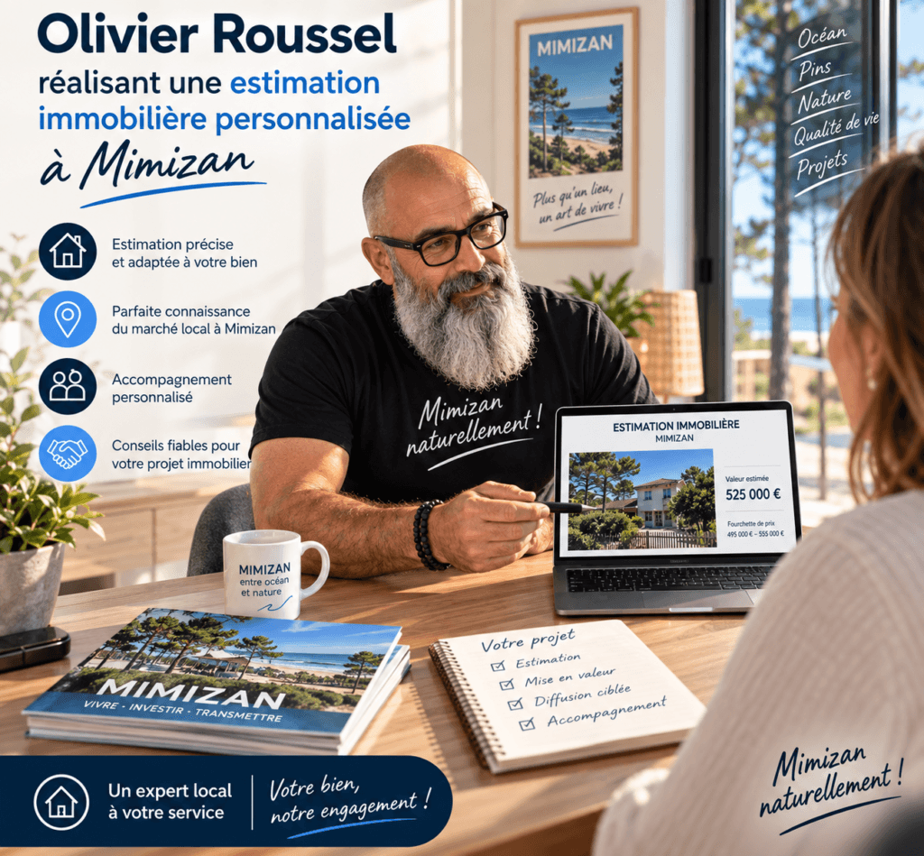 Olivier Roussel présentant une estimation immobilière personnalisée à une cliente, écran affichant la valeur estimée du bien — Mimizan — Olivier Roussel, conseiller immobilier IAD France à Mimizan (Landes, 40)
