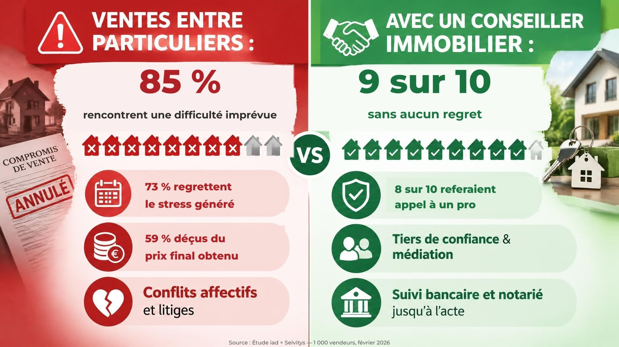 Comparatif : 85 % de difficultés en vendant seul contre 9 vendeurs sur 10 sans regret avec un pro — Mimizan (Landes, 40200) — Olivier Roussel, conseiller immobilier IAD France