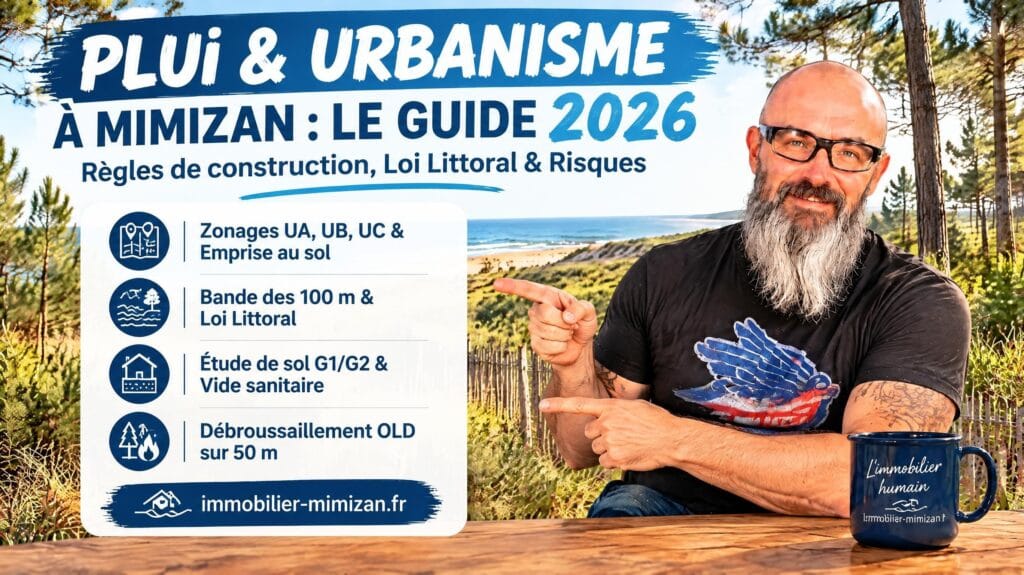 Visuel du guide PLU et urbanisme 2026 : zonages, emprise au sol, bande des 100 mètres, loi Littoral et étude de sol — Mimizan (Landes, 40200) — Olivier Roussel, conseiller immobilier IAD France