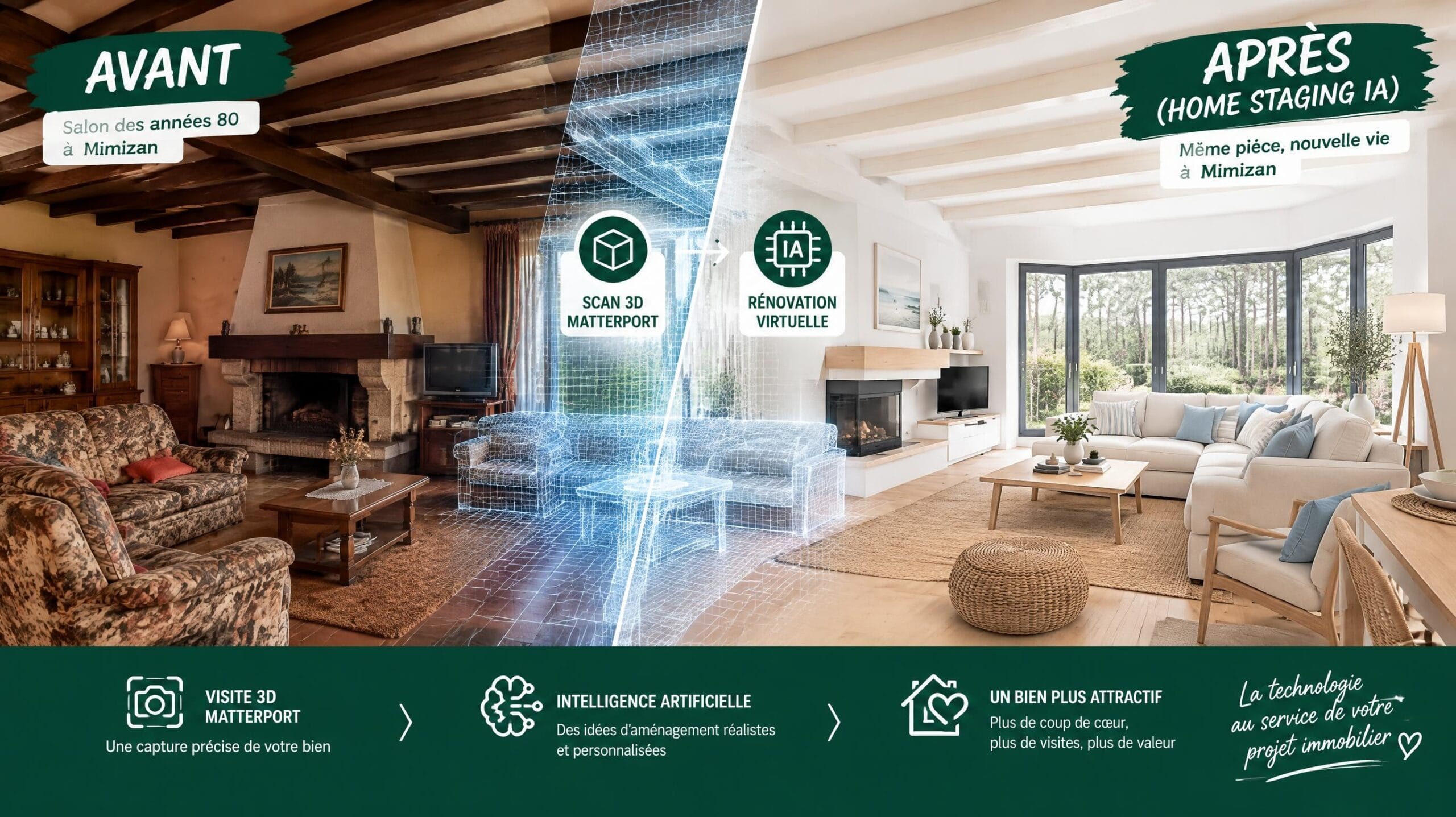 Avant/après d'un salon des années 80 rénové virtuellement par home staging IA — Mimizan (Landes, 40200) — Olivier Roussel, conseiller immobilier IAD France