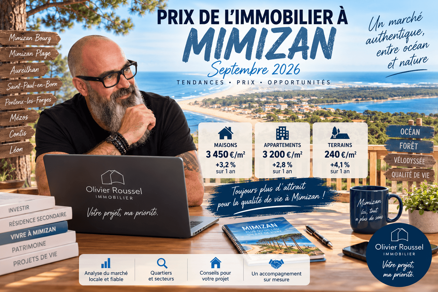 Olivier Roussel devant son ordinateur, visuel Mimizan septembre 2026 tendances prix et opportunités avec vue sur Mimizan-Plage — Mimizan (Landes) — Olivier Roussel, conseiller immobilier IAD France à Mimizan (Landes, 40)