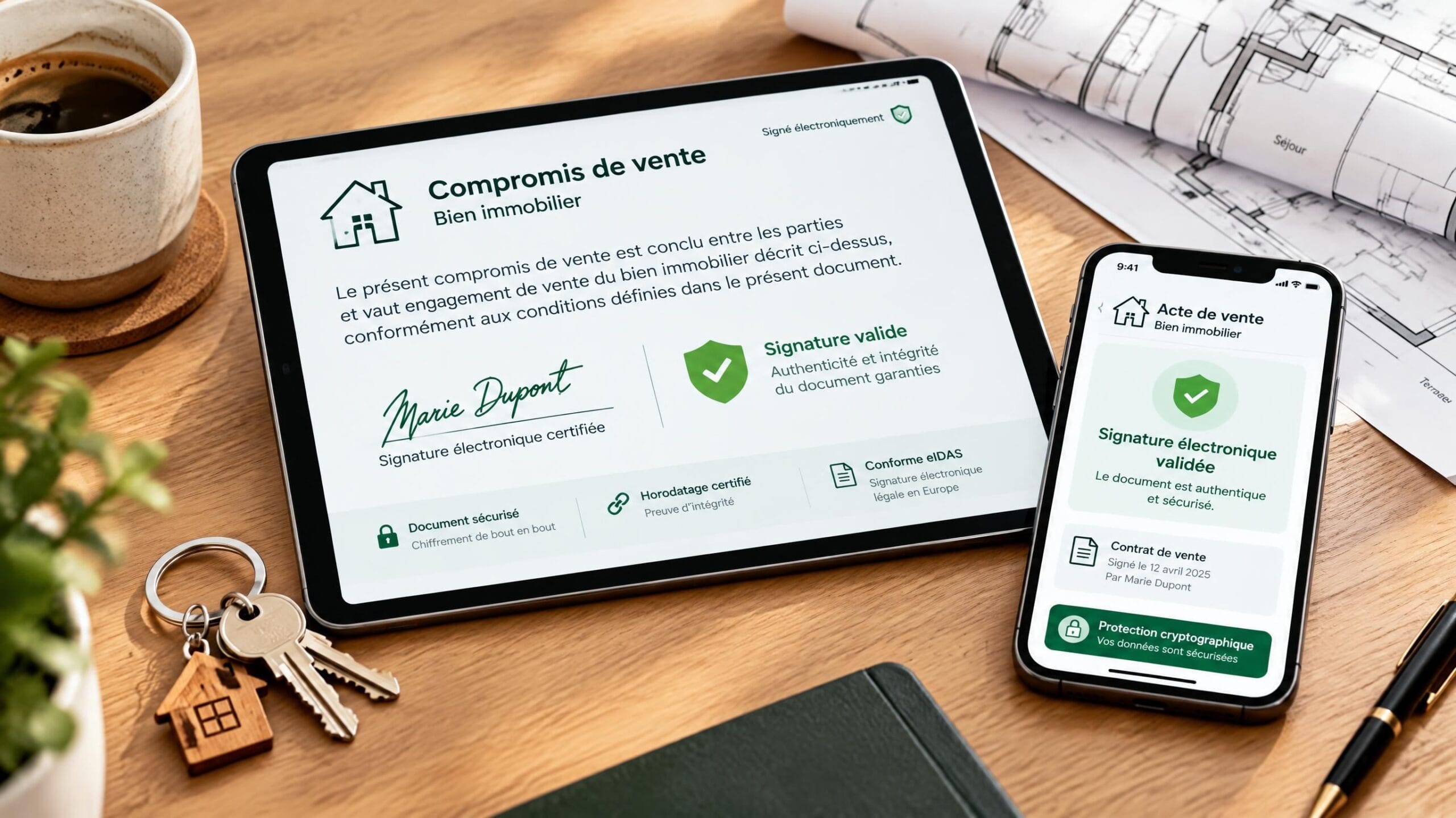Compromis de vente signé électroniquement sur tablette et smartphone — Mimizan (Landes, 40200) — Olivier Roussel, conseiller immobilier IAD France