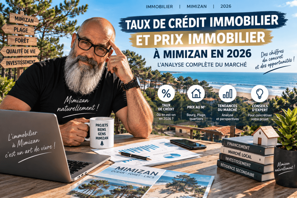 Bannière sur les taux de crédit immobilier et les prix au mètre carré à Mimizan en 2026, avec Olivier Roussel à son bureau face à l’océan — Mimizan — Olivier Roussel, conseiller immobilier IAD France à Mimizan (Landes, 40)