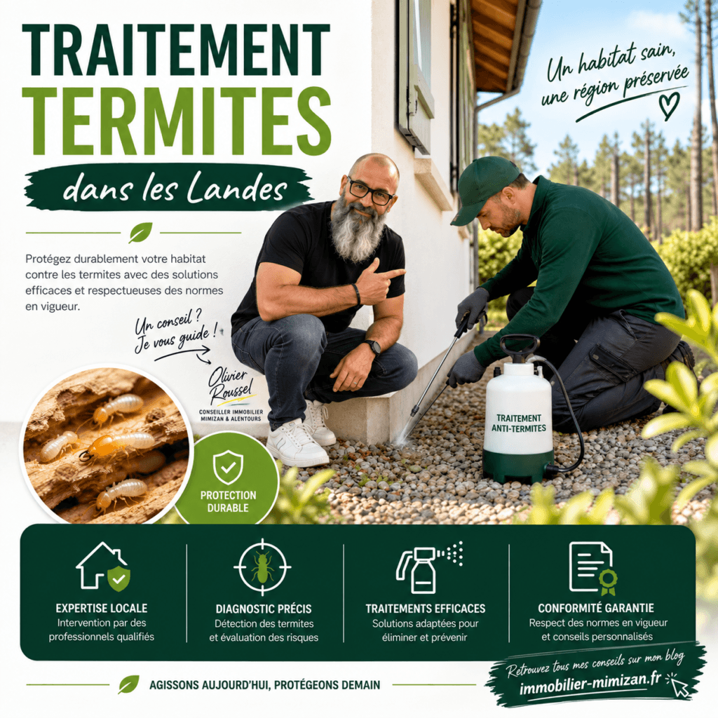 Illustration du traitement anti-termites d’une maison dans la forêt landaise — Mimizan (Landes, 40200) — Olivier Roussel, conseiller immobilier IAD France