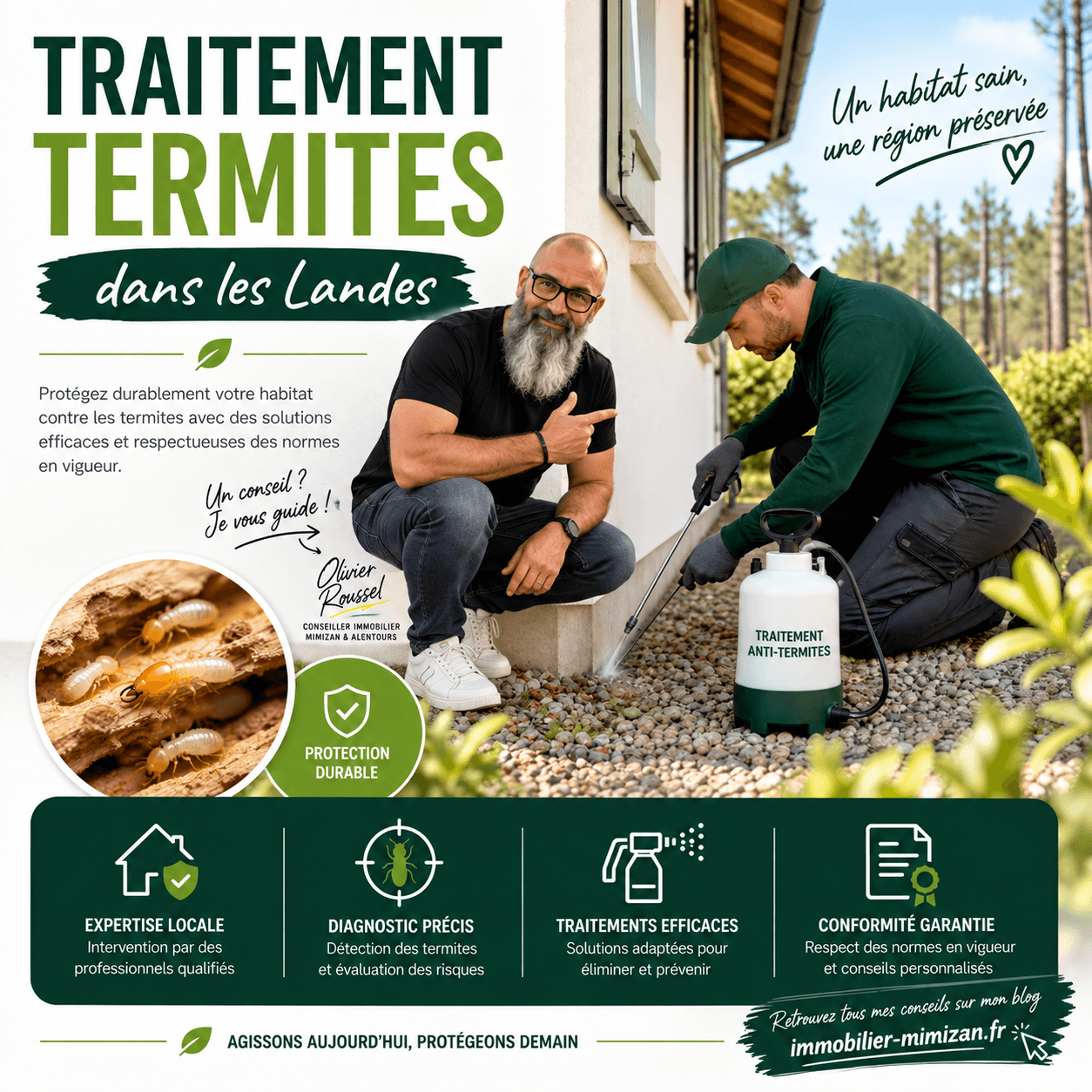 Traitement anti-termites d'une maison sous les pins landais par un professionnel — Mimizan (Landes, 40200) — Olivier Roussel, conseiller immobilier IAD France