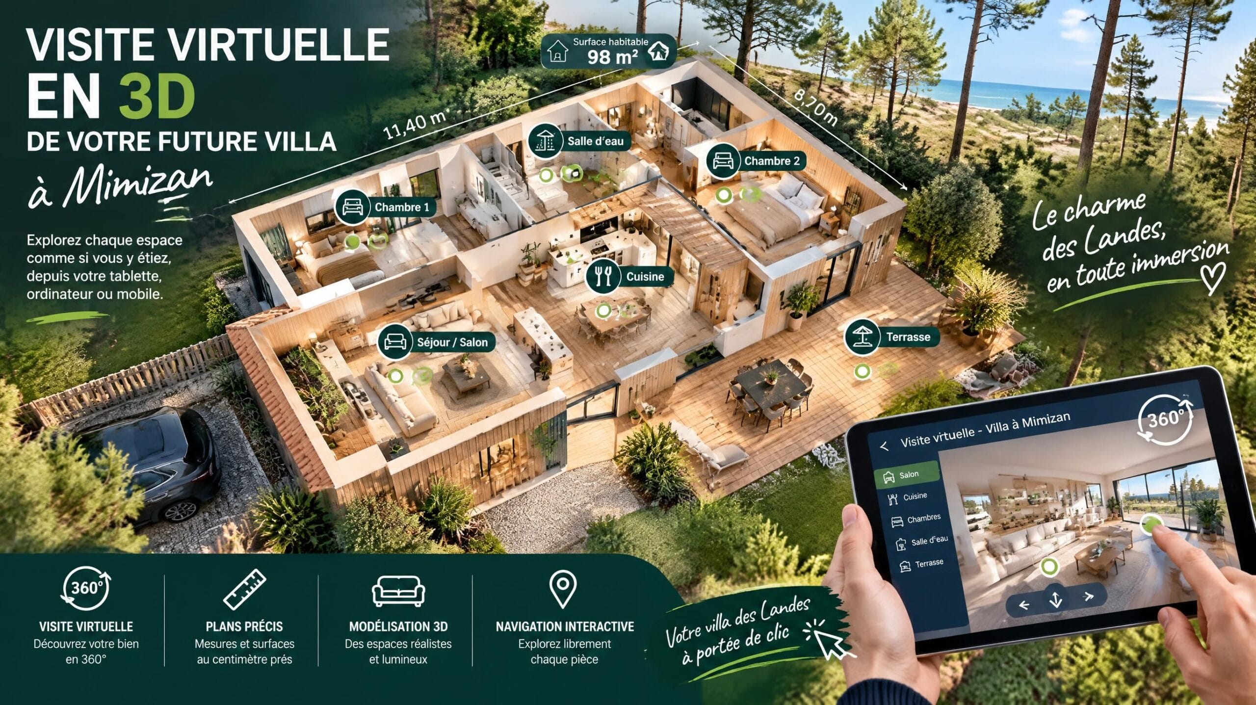 Maquette 3D d'une villa landaise en visite virtuelle 360° avec plan des pièces — Mimizan (Landes, 40200) — Olivier Roussel, conseiller immobilier IAD France